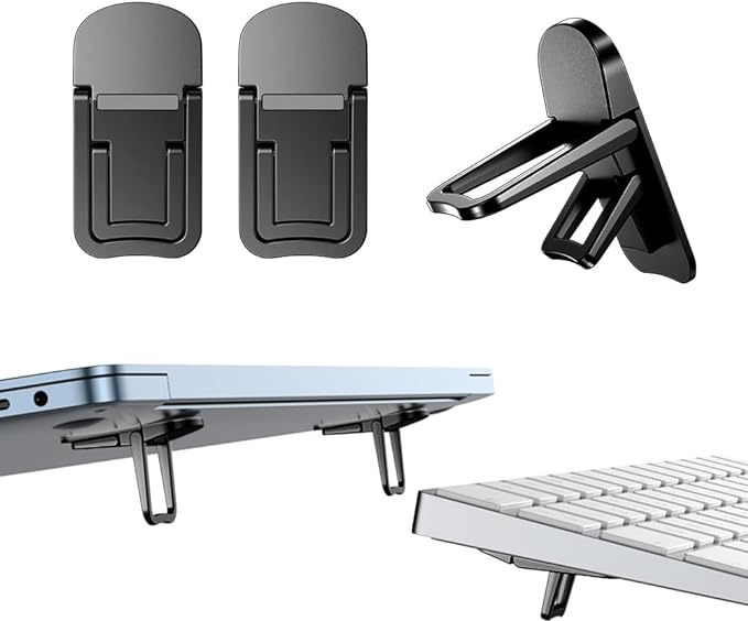2PCS Zinc Alloy Mini Foldable Laptop Stand, Portable Computer Keyboard Riser with 2 Adjustable Angles, Self-Adhesive Invisible Notebook Stand and Keyboard Lift for Desk (Black)