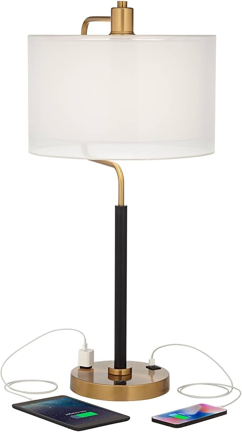Possini Euro Design Carlyle 30 1/2" Tall Large Mid Century Modern Glam Luxe Desk Lamps Set of 2 USB Port AC Power Outlet Gold Black Metal White Shade Home Office Living Room Charging Bedroom Bedside