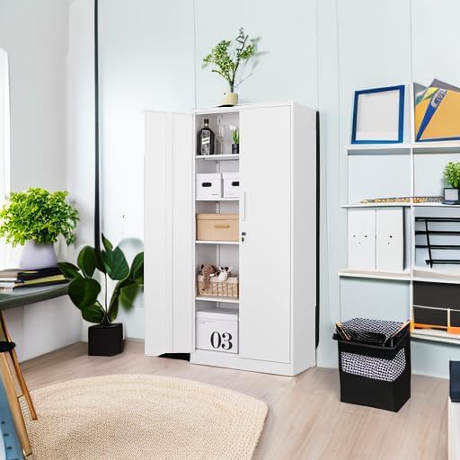Metal Storage Cabinet-71” Tall Steel File Cabinets with Lockable Doors and Adjustable Shelves-White Steel Storage Cabinet for Home, School, Office, Garage