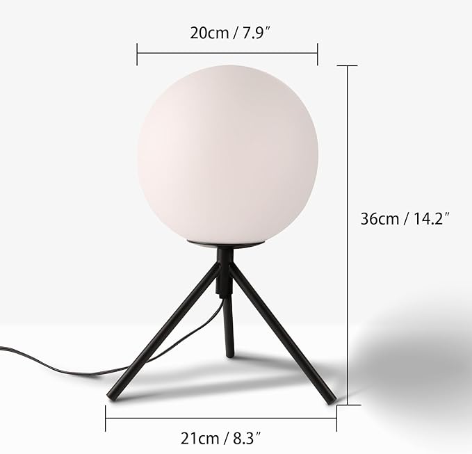 Modern Globe Table Lamp Milk White Glass Table Lamp Small Bedside Lamp Nightstand Lamp with Black Tripod Base Minimalist Ball Reading Desk Lamp for Bedrooom Living Room Office Study Room