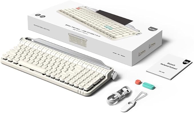 Retro Typewriter Mechanical Keyboard with Tablet Stand, 100 Keys LED Backlit, ABS+PBT Keycaps, Wired/Bluetooth, Blue Switch, Compatible with Windows/Mac/iOS/Android(Ivory Butter Color)