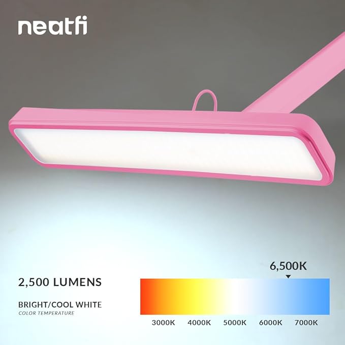 Neatfi XL 2,500 Lumens LED Task Lamp, 22 Inches Wide, 30W, 162 Pcs SMD LED, Eye-Caring, Desk Light with Clamp for Home, Office, and Study Room (Non-CCT, Pink)