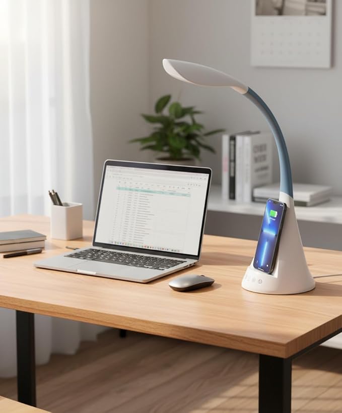 LED Desk Lamp with Wireless Charger, Modern Eye-Caring Dimmable Light for Home Office & College Dorm with 3 Color Modes, 5 Brightness, Touch Control, Adjustable Gooseneck, RGB & Night Light, White