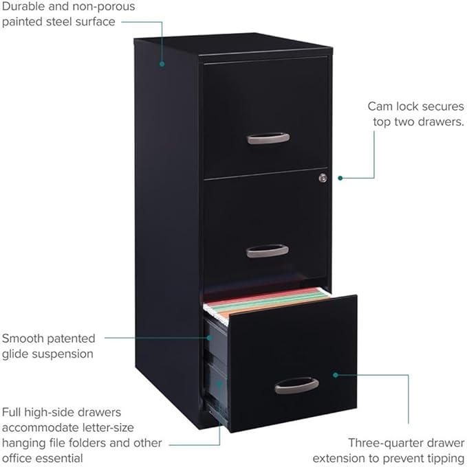BOWERY HILL 3 Drawers 35.5" Vertical Black Metal Filing Cabinet Lockable Pre-Assembled Stationary Letter Size for Home, Office