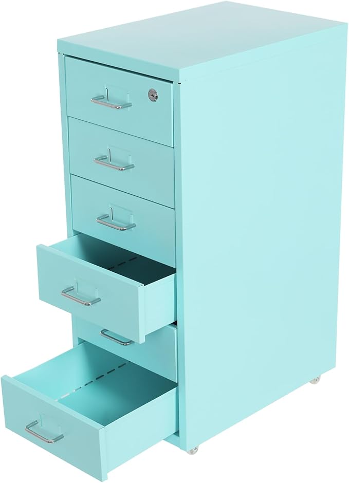 TFCFL Mobile File Cabinet 6 Drawer Vertical File Cabinet with Wheels Metal File Cabinet with Lock for Home Office, 11" D x 16" W x 27" H (Blue)