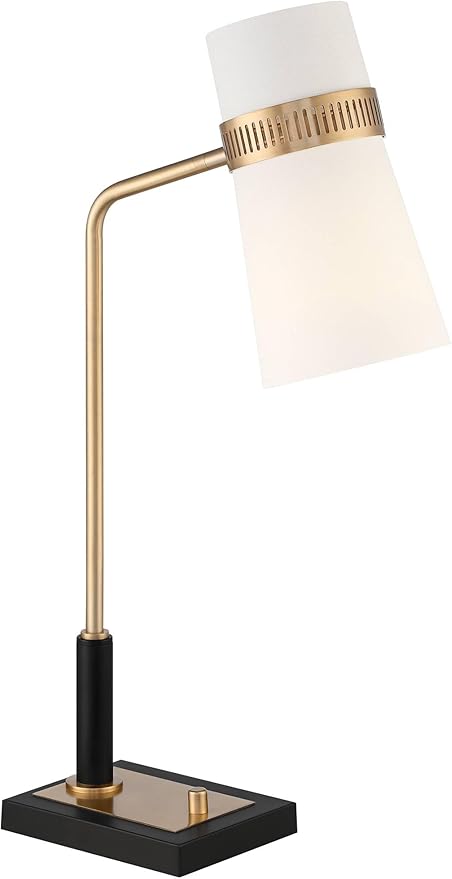 Possini Euro Design Cartwright Mid Century Modern Desk Table Lamp with USB Port 32" Tall Antique Brass Metal Linen Shade Decor for Living Room Bedroom House Bedside Nightstand Home Office Reading