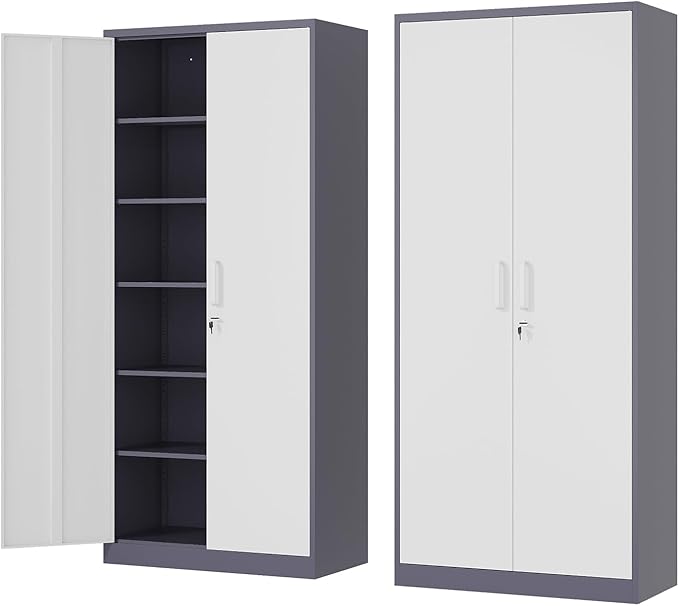 Metal Storage Cabinet-72” Tall Steel File Cabinets with Lockable Doors and 5 Adjustable Shelves-Gray&White Steel Storage Cabinet for Home, School, Office, Garage