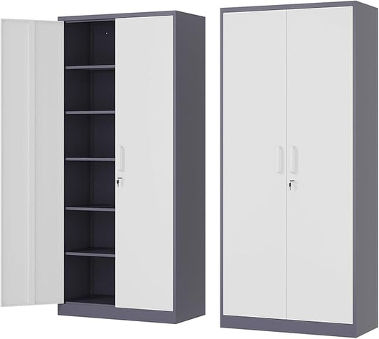 Metal Storage Cabinet-72” Tall Steel File Cabinets with Lockable Doors and 5 Adjustable Shelves-Gray&White Steel Storage Cabinet for Home, School, Office, Garage