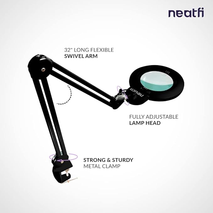 Neatfi XL Bifocal LED Magnifying Lamp, 7-Inch Acrylic Lens, 5D/20D Magnification, Hands-Free, Dimmable, 84 SMD LED, Adjustable Arm for Crafts, Reading, Close Work (Black, with Clamp)