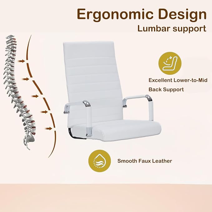 Modern High Back Office Desk Chair, PU Leather Ribbed Ergonomic Executive Conference Chair, Adjustable Swivel Task Chair with Arms, White