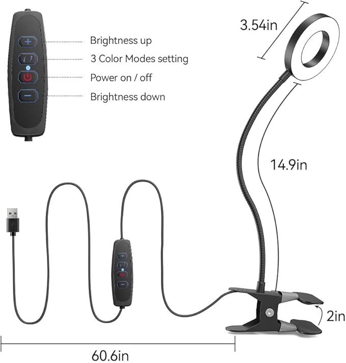 LED Desk Lamp Clip on Light with 3 Color Modes 10 Brightness Ring/Clamp Light 360° Flexible Gooseneck Dimmable Eye Protection Desk Light Desk Lamps for Home Office with Video Tutorials