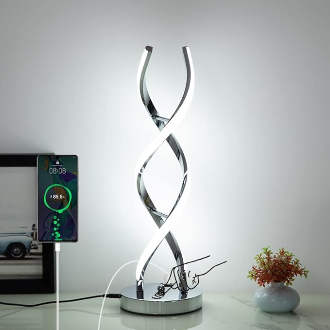 LED Modern Table Lamp, Stepless Dimmable Spiral Table Lamps for Bedroom, 3 Colors Touch Control Bedside Nightstand Lamp with 1 USB Charging Ports, Desk Lamps for Living Room Office (Silver)