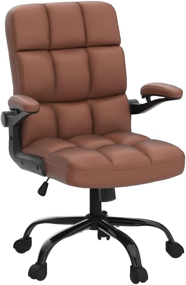 SEATZONE Executive Office Chair Small PU Leather Desk Chair with Wheels,Ergonomic Computer Swivel Rolling Task Chair with Back Support,Brown