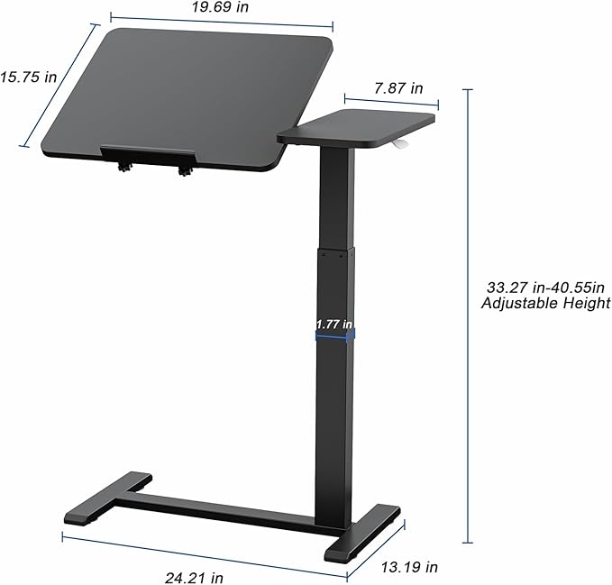 Ywin Medical Adjustable Tilt Overbed Bedside Table with Wheels, Swivel Portable Tray Table(27.6" W x 15.8" D), Small Standing Desk for Bedroom, Hospital, Couch, Office Use,Black