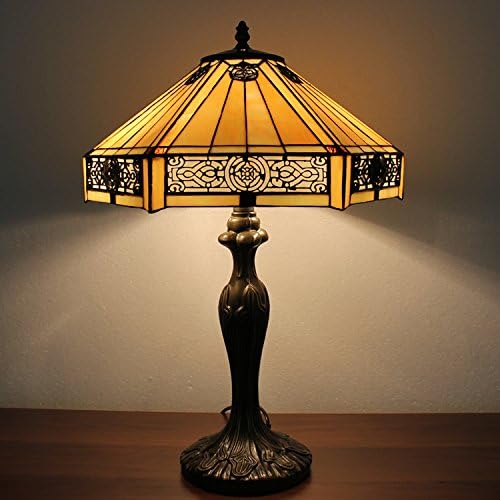WERFACTORY Tiffany Table Lamp Yellow Hexagon Stained Glass Bedside Lamp Mission 16X16X24 Inches Desk Reading Light Metal Base Decor Bedroom Living Room Home Office S011 Series
