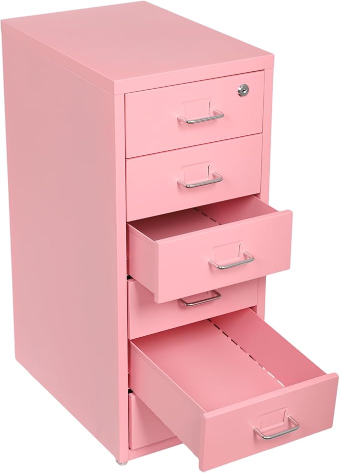 TFCFL Mobile File Cabinet 6 Drawer Vertical File Cabinet with Wheels Metal File Cabinet with Lock for Home Office, 11" D x 16" W x 27" H (Pink)