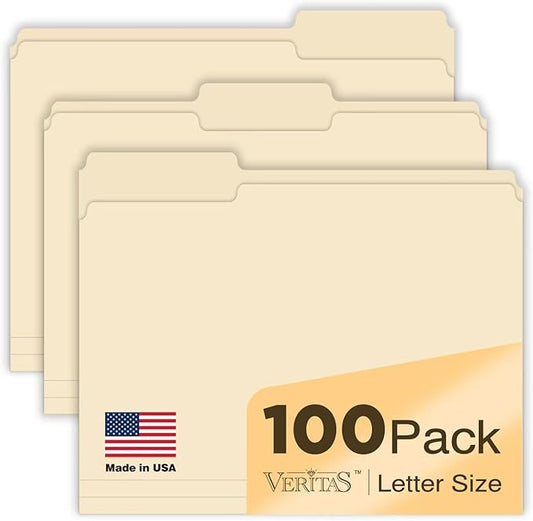 Manilla Folders Letter Size 8.5 x 11, 100 Pack, 1/3-Cut Tabs Manila File Folders, Heavyweight Durable 120LB Paper for Home, Office, School Filing, Made in USA