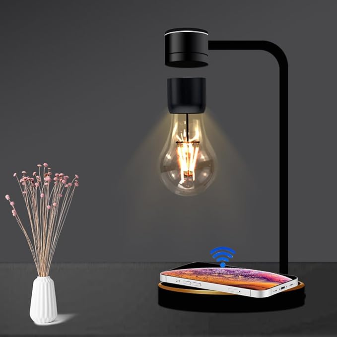 Magnetic Levitating Light Bulb Lamp, Floating LED Bulb Desk Lamp with Wireless Charger, Rotating Levitating Bulb Night Lights for Room Office Decoration (Black)