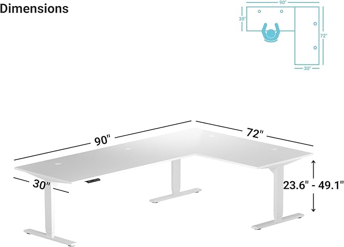 Progressive Desk Stand Up Height Adjustable Electric Standing Desk - L Shaped 90" x 72" Corner 3 Stage Rising Workstation Large Executive Table - White Frame, Bright Beech Top
