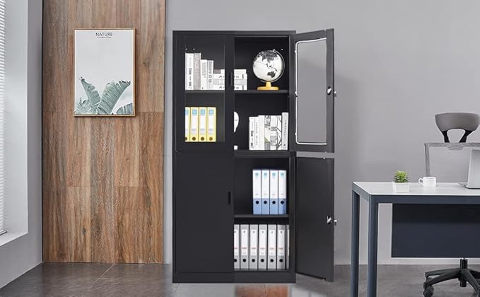STANI Black Metal Cabinet, Locking Steel Storage with Shelves, Tall Metal Utility Cabinet 2 Doors, Lockable Steel Cabinets for Home Office (4 Doors, Black)