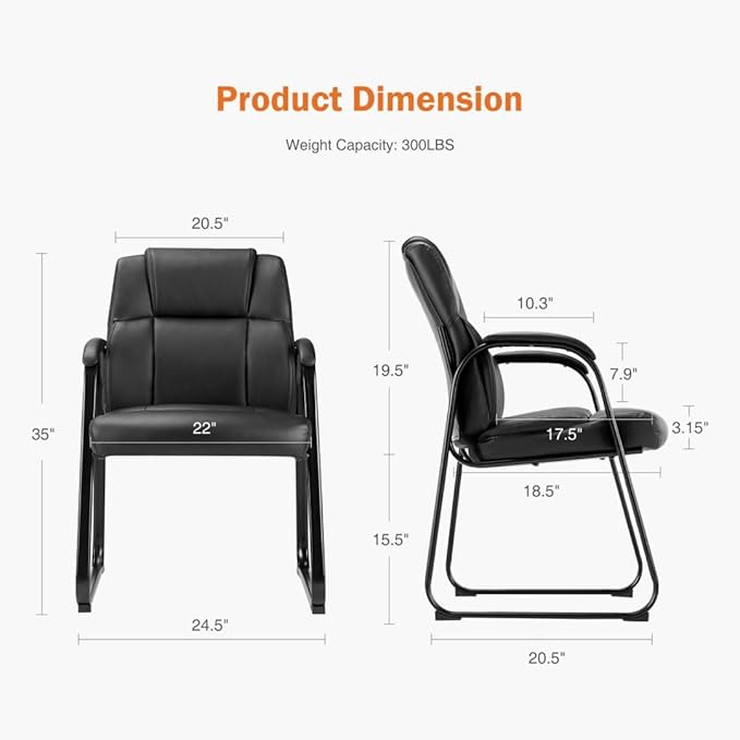 PU Leather Conference Room Chair, Tall Back Chairs with with Padded Arms and No Wheels, Guest Chairs of 2 for Reception Waiting Room Black