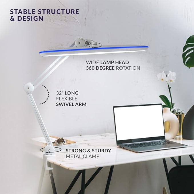 Neatfi XL 2,200 Lumens LED Task Lamp, 24W, 117 SMD LEDs, 23-Inch Ultra-Wide, 4 Brightness Levels, 3 Light Modes, Dimmable, Eye-Caring, Glare-Free (CCT with Clamp, White)