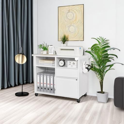 Letaya Mobile File Cabinet, Metal Lateral Rolling Printer Stand Filing Cabinets with Shelves for Home Office-Storage A4/F4/Letter (White)