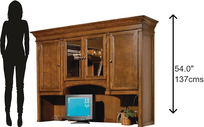 Hekman Furniture Urban Ash Burl Executive Deck – Traditional Office Hutch with Adjustable Shelves, Glass Doors, Task Lighting & Wire Management Classic Burl Wood Desk Storage for Home Office