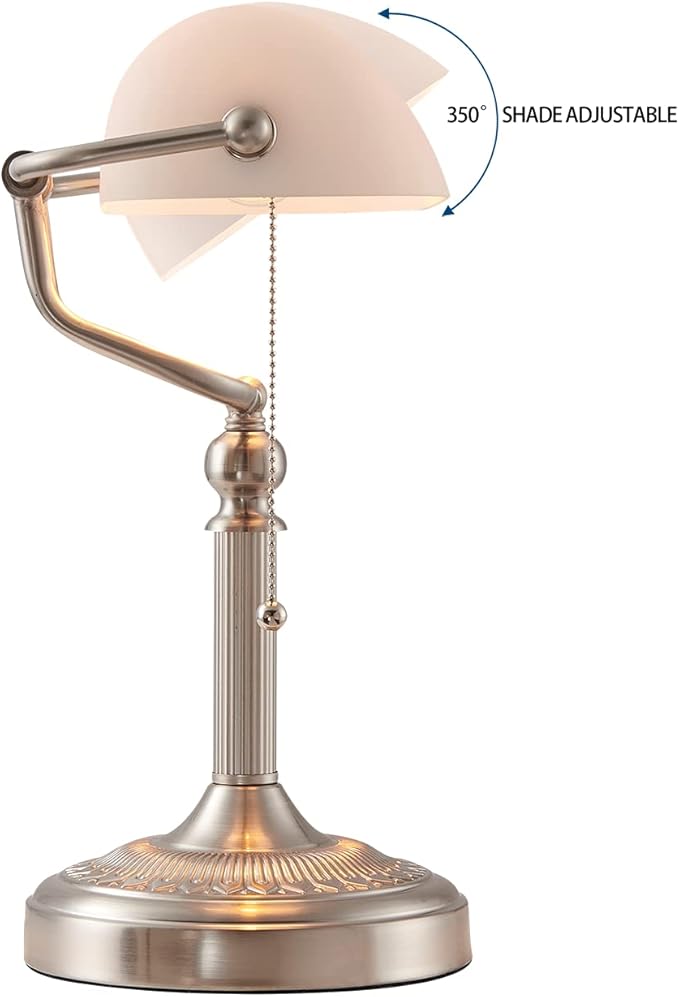 Newrays White Matted Glass Bankers Desk Lamp with Pull Chain Switch Plug in Fixture,Sand Nickel Base
