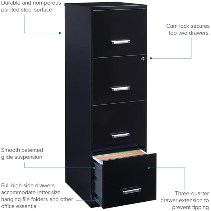 Pemberly Row 4 Drawers 46.38" Vertical Black Metal Filing Cabinet Lockable Pre-Assembled Stationary Letter Size for Home, Office