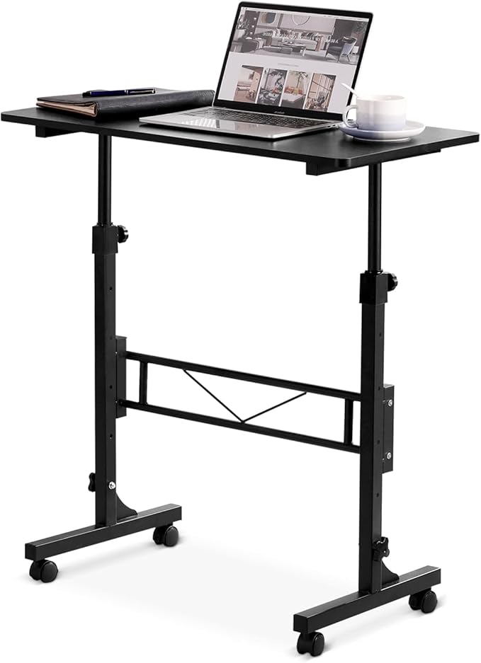 Small Standing Desk Adjustable Height, Mobile Stand Up Desk with Wheels, 32 Inch Portable Rolling Desks for Walking Pad Treadmill Black