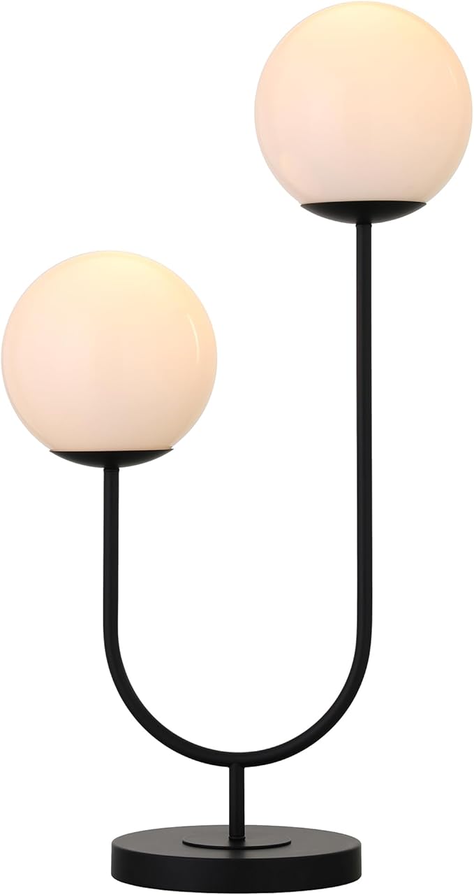 Henn&Hart 28'' Mid-Century Modern 2-Light U-Shaped Table Lamp with White Milk Glass Globe Shade for Living Room, Bedroom, or Office, Blackened Bronze