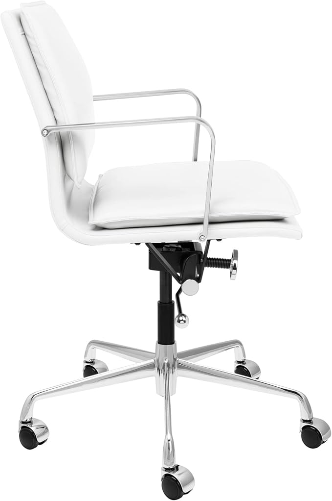 Laura Davidson Furniture Lexi II Padded Office Chair - Mid Back Desk Chair with Arm Rest, Swivel & Cushion Availability, Made of Faux Leather, White, Computer Chair