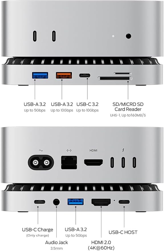 Mac mini M4 Dock, USB C Hub Aluminum Mac mini Stand and HDMI Hub for M4 and Pro 2024 with M.2 NVMe/SATA SSD Enclosure, 4K60Hz HDMI,10G USB A/C, 5G USB A*2, Charge, SD/TF, Audio