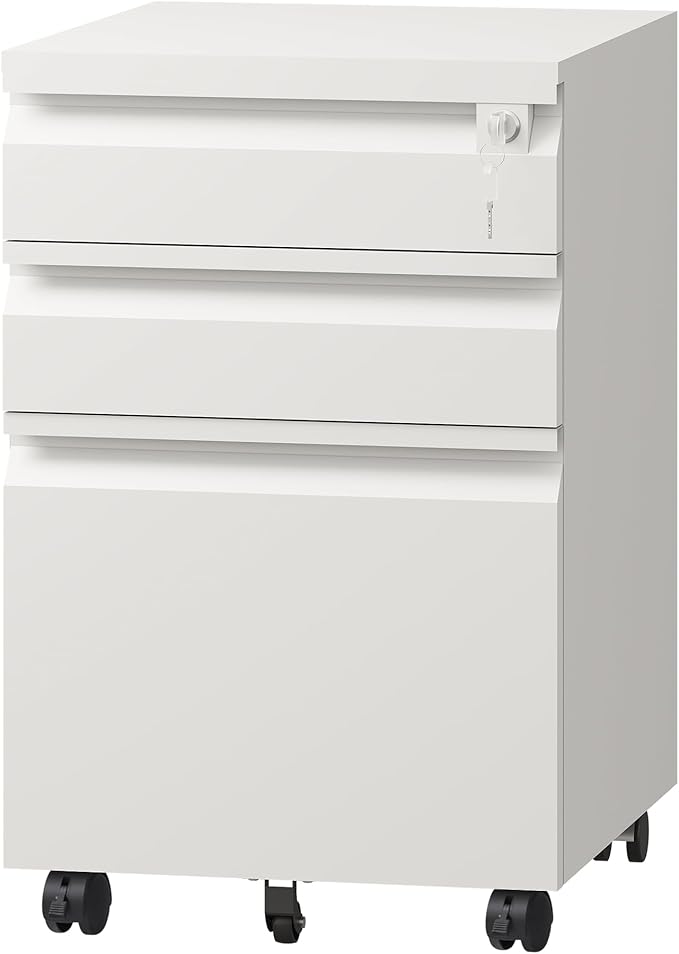 DEVAISE 3-Drawer File Cabinet with Lock & Wheels, White Metal Filing Cabinet for Home Office, Under Desk Storage, Mobile Vertical Organizer Fits Letter/A4 (17" D x15 W x24 H)
