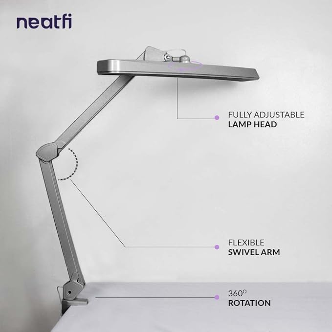 Neatfi XL 2,500 Lumens LED Task Lamp, 22 Inches Wide, 30W, 162 Pcs SMD LED, Eye-Caring, Desk Light with Clamp for Home, Office, and Study Room (Non-CCT, Silver)