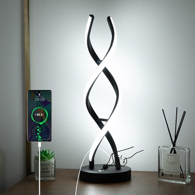 LED Modern Table Lamp, Stepless Dimmable Spiral Table Lamps for Bedroom, 3 Colors Touch Control Bedside Nightstand Lamp with 1 USB Charging Ports, Desk Lamps for Living Room Office (Black)