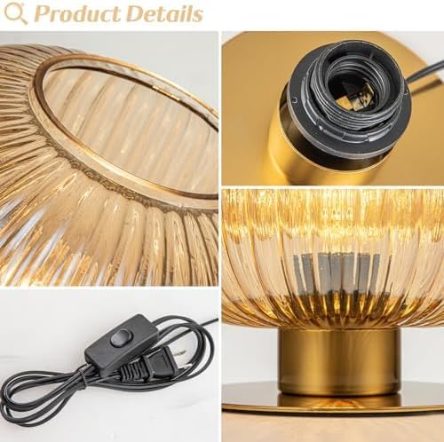 Mid Century Modern Glass Table Lamp, Vintage Gold Bedside Lamp Bedroom Nightstand Lamp Lantern Design with Amber Ribbed Glass Globe, Small Side Table Lamp Desk Lamp for Living Room Office