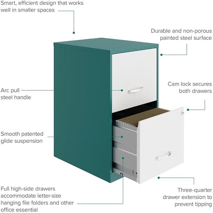 Pemberly Row 18" 2-Drawer Modern Metal File Cabinet in Teal/White