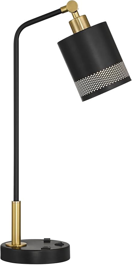 Possini Euro Design Keller 24" High Small Modern Desk Lamp USB Port AC Power Outlet Black Gold Brass Finish Metal Single Shade Home Office Living Room Charging Bedroom Bedside Nightstand House