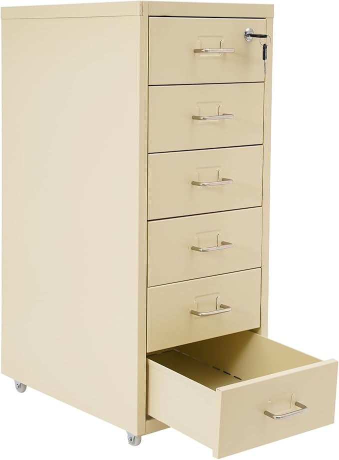 TFCFL Mobile File Cabinet 6 Drawer Vertical File Cabinet with Wheels Metal File Cabinet with Lock for Home Office, 11" D x 16" W x 27" H (Beige)
