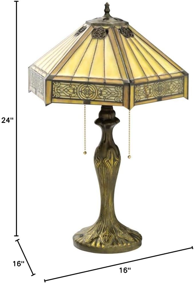 WERFACTORY Tiffany Table Lamp Yellow Hexagon Stained Glass Bedside Lamp Mission 16X16X24 Inches Desk Reading Light Metal Base Decor Bedroom Living Room Home Office S011 Series