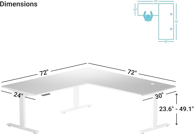 Progressive Desk Height Adjustable Electric Standing Desk - L Shaped 72" x 72" Computer Stand Up Rising Workstation Corner Table - White Frame, Dark Cherry Top