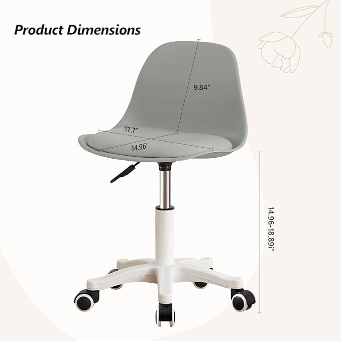 Small Desk Chair Cute Armless Task Vanity Chair with Soft Padded Cushion, Plastic Height Adjustable Home Office Chairs for Teens Girls