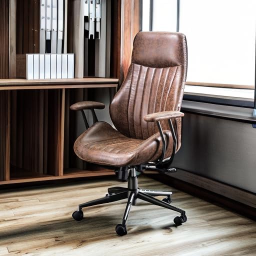 ovios Ergonomic High Back Office Chair, Mid-Century Modern Faux Suede Leather Chair with Padded Armrests, Comfy Executive Computer Task Swivel Rolling Chairs, Dark Coffee