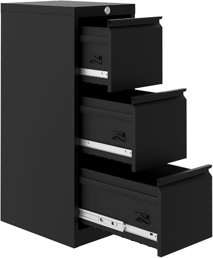 GarveeHome 3-Drawer Metal File Cabinet with Lock, Heavy Duty Filing Cabinet for Letter/Legal/A4/F4 Documents – Vertical Storage Organizer for Home Office, Black