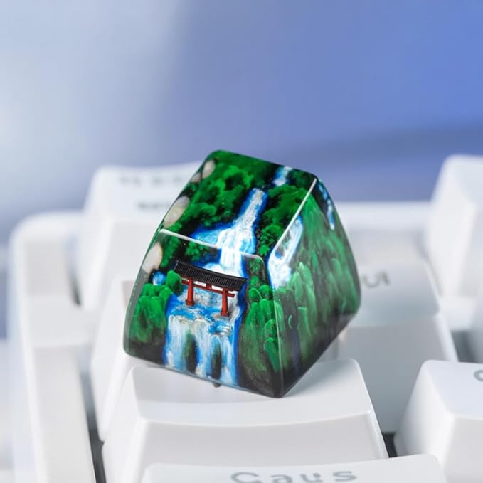 Red Torii Gate Artisan Keycap Japanese Shrine with Summer Waterfall R1 SA Profile Custom Keycaps 1U ESC Handmade Gaming Resin Key Cap Cherry MX Switch Compatible Mechanical Keyboard Japan Lover Gift