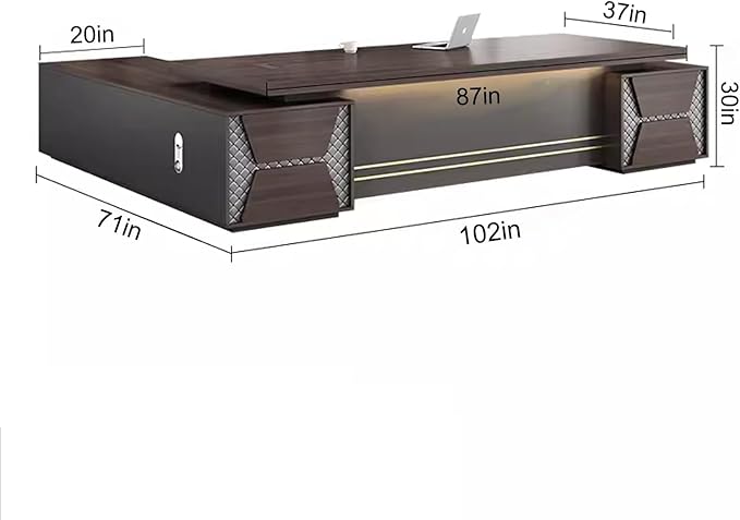 102IN L-Shaped Executive Desk, Executive Office Desk with Sub-Cabinet Storage & Combination Lock Storage Handle & Thickened Tabletop & Multimedia Wire Box & Front Baffle