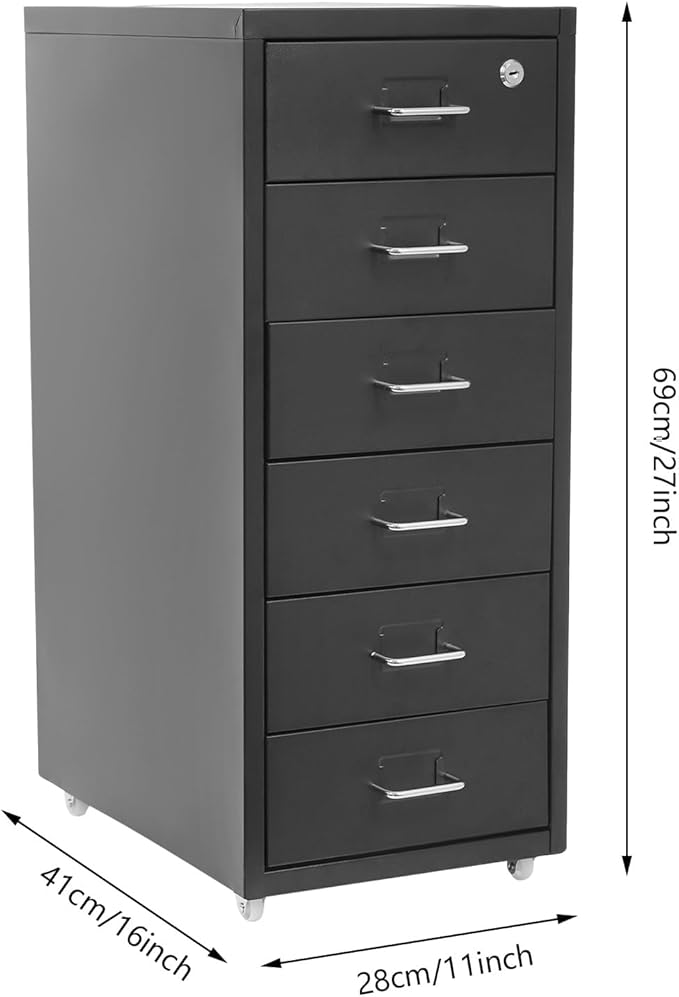 6 Drawers Rolling File Cabinet, Black Metal Filing Cabinets with Lock, 27 inch H Vertical Filing Cabinet Under Desk for Home Office, Heavy Duty Metal Storage Cabinet for A4/Letter/Legal Size File