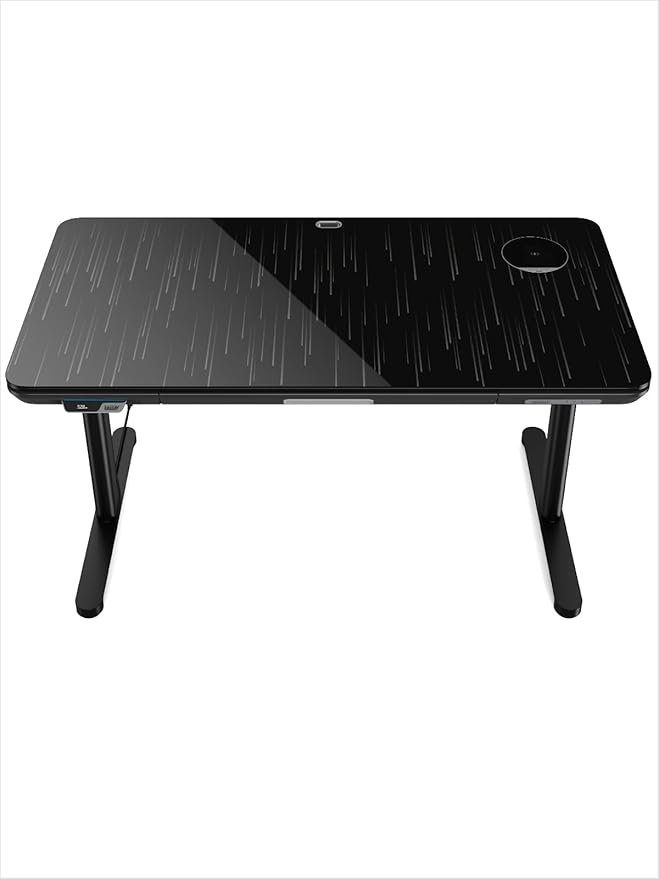 Smart Executive Electric Standing Desk, Wireless Charging, with Storage Drawer, Hidden Power Strip, Galaxy Glass